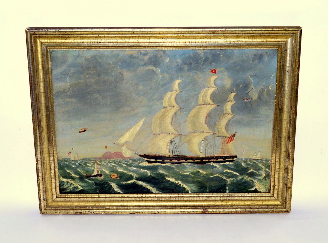 Antique Maritme Oil on Canvas, American Sloop: Depiction of a three-masted war-ship with stone fortress at extreme left edge [possibly New York Harbor's Castle Clinton.] Bears partial label on verso inscribed: "...American Sloop of War C. 1840." A