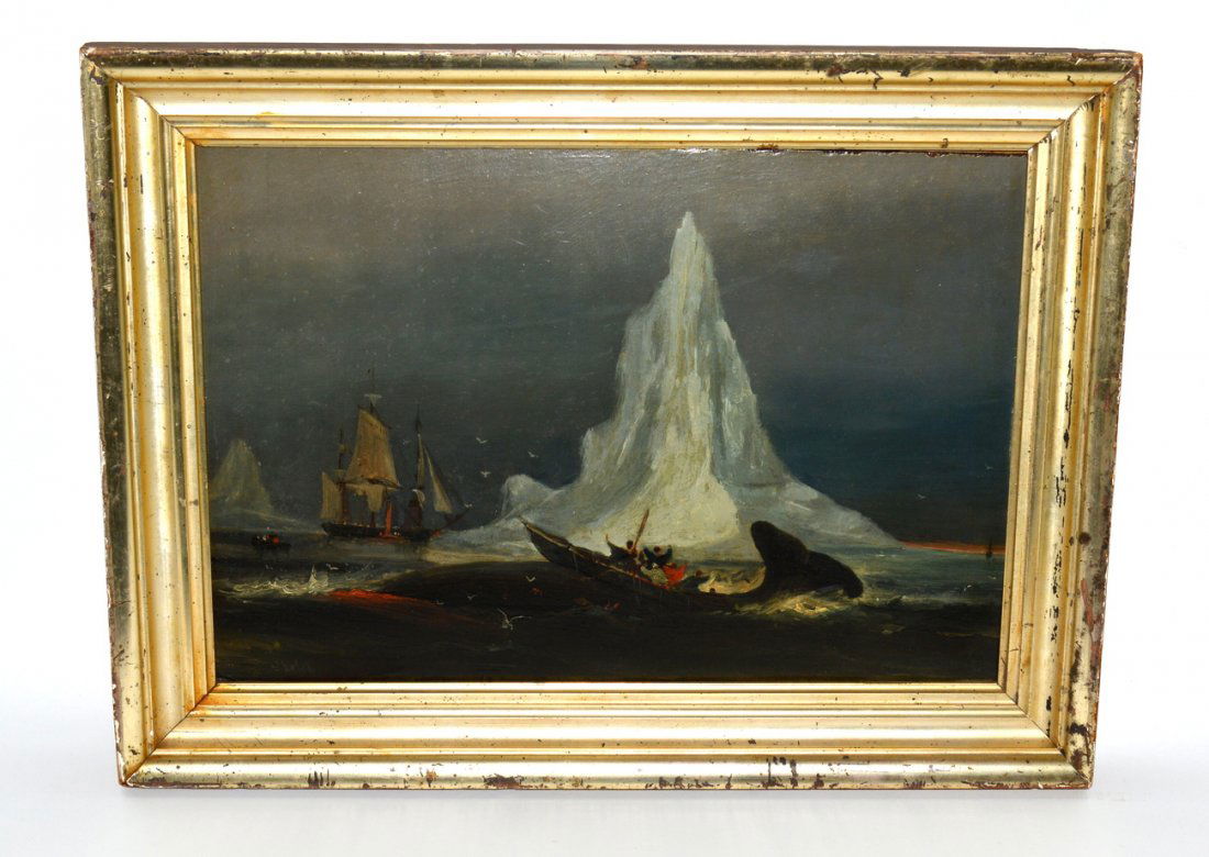After James Hamilton Oil on Board, Arctic Whaling: Depicts a party of mid-19th C. whalers in a long boat atop a harpooned whale. Three masted ship and iceberg background. Inscribed at bottom left: "Sketch". Art: 11 1/2" x 16 1/2"; Frame: 15 5/8" x 20