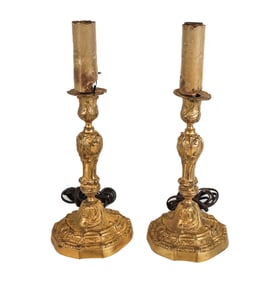 Pair of Louis XVI Bronze Dore Candlestick Lamps