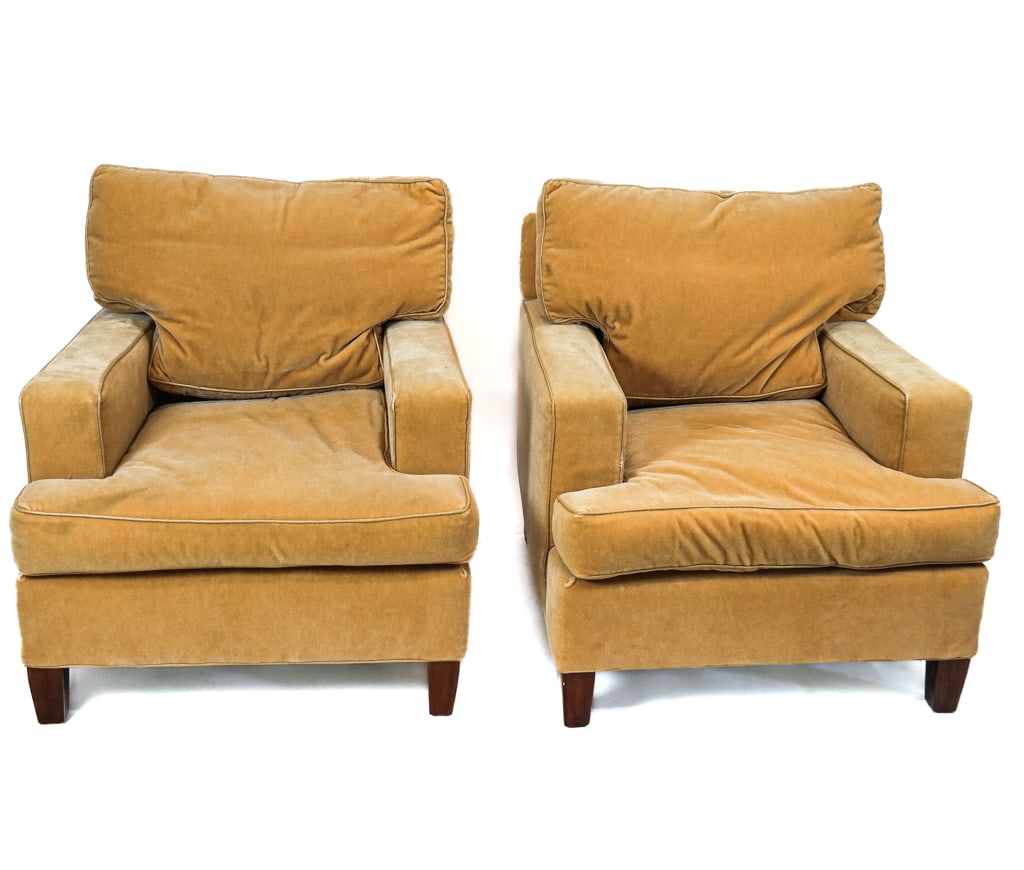 Robert Allen Mohair Velvet Upholstered Club Chairs: Robert Allen gold mohair velvet upholstered club chairs, 20th/21st century, with down fill and leather trim. [30.5" H x 32" W x 40" D]. Overall condition is good with some residue to upholstery commen