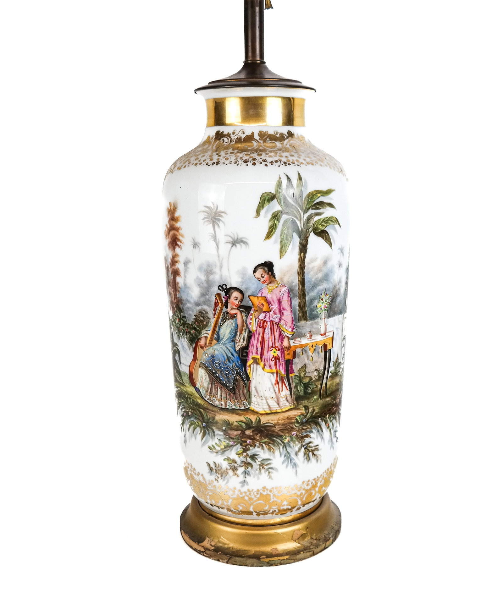 Paris Porcelain Chinoiserie Vase as Lamp: Painted and enamel Chinese figural scene on porcelain vase, mounted as a lamp. [32" H x 7" diameter]. Chips to gilt base.
