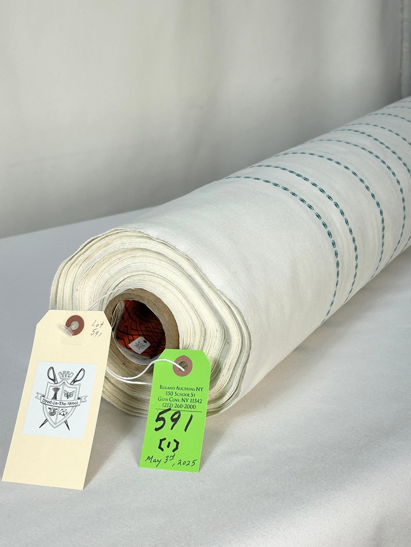 Scalamandre Embroidered Cotton Canvas Fabric: 22 3/4 yards of Scalamandre's aqua on off-white multi-purpose embroidered cotton canvas, "Eyelet Wave Oasis", # GW000327206, 50 1/2" width. The vertical strands of beads are gracefully arranged to cre