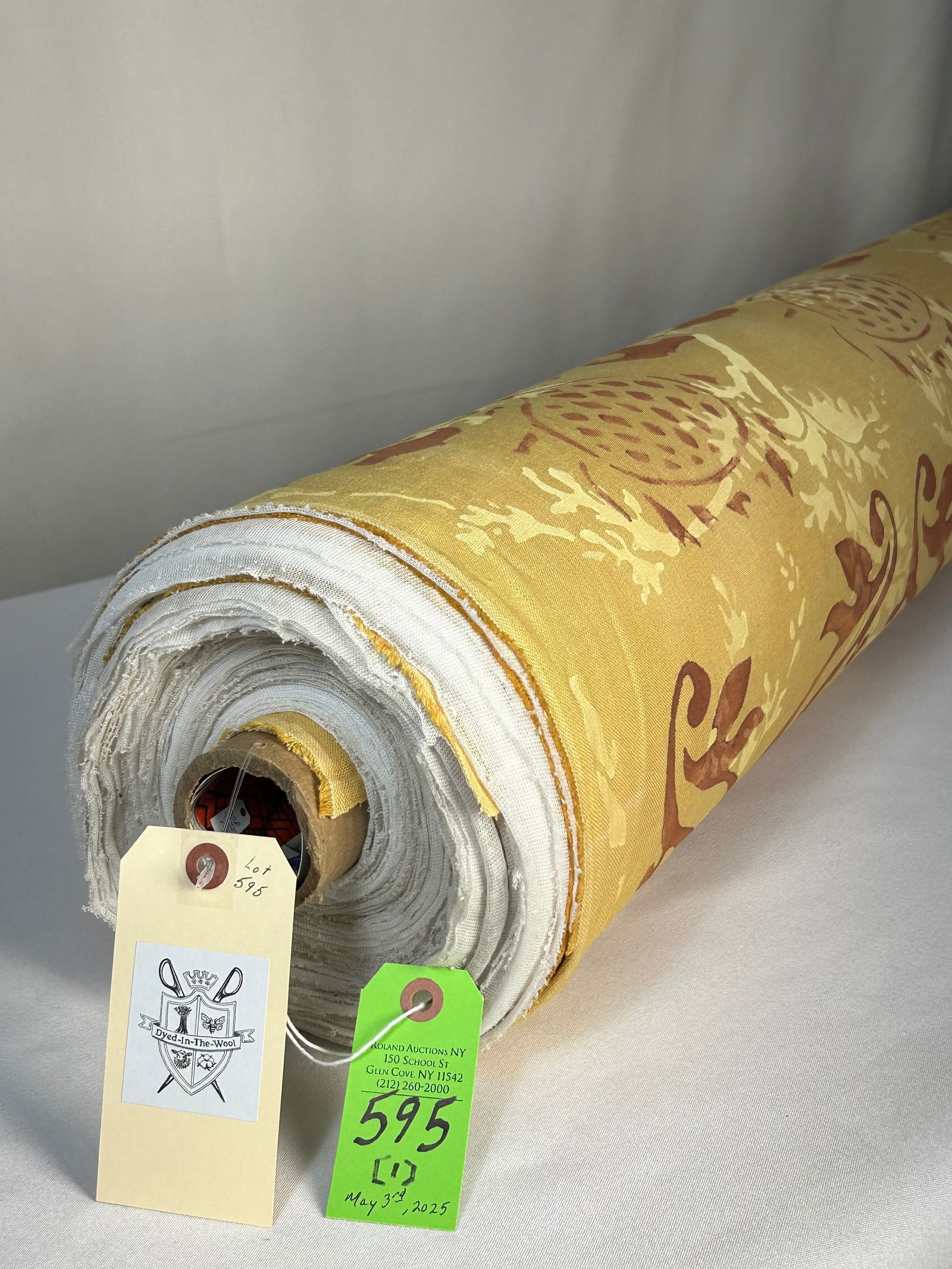 Dintiman Design's Hand-Stenciled Linen Fabric: 36 1/2 yards of Dintiman Design Studio's stylized pineapple via hand-stencils and brush in terracotta and straws, 51" seamed width. The charming and whimsical design is knit-backed for added stability