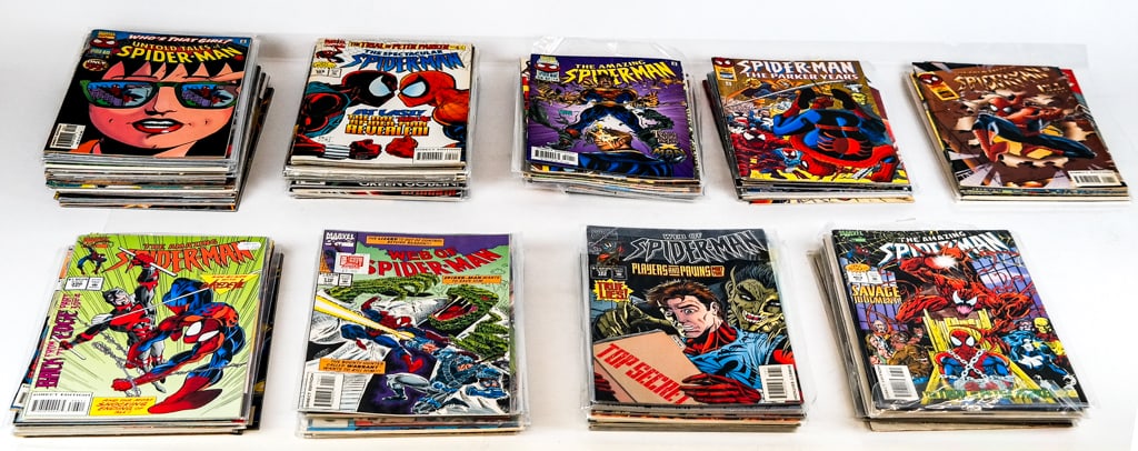 Group of Spiderman and Related Comics, 90+: Group of Spiderman and related comics, including: 34 Amazing Spiderman comics, three Spiderman The Lost Years comics, 24 Spectacular Spiderman comics, 16 Web of Spiderman comics, three Sensational Spi