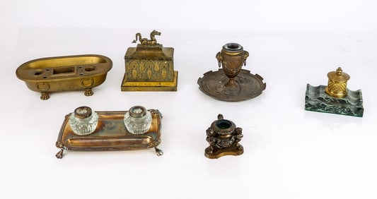 Group of Six Silver Plate and Bronze Inkstands, 6