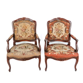 Pair Louis XVI Needlepoint Upholstered Fauteuils