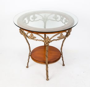 Glass Top Pine and Wrought Iron Center Table