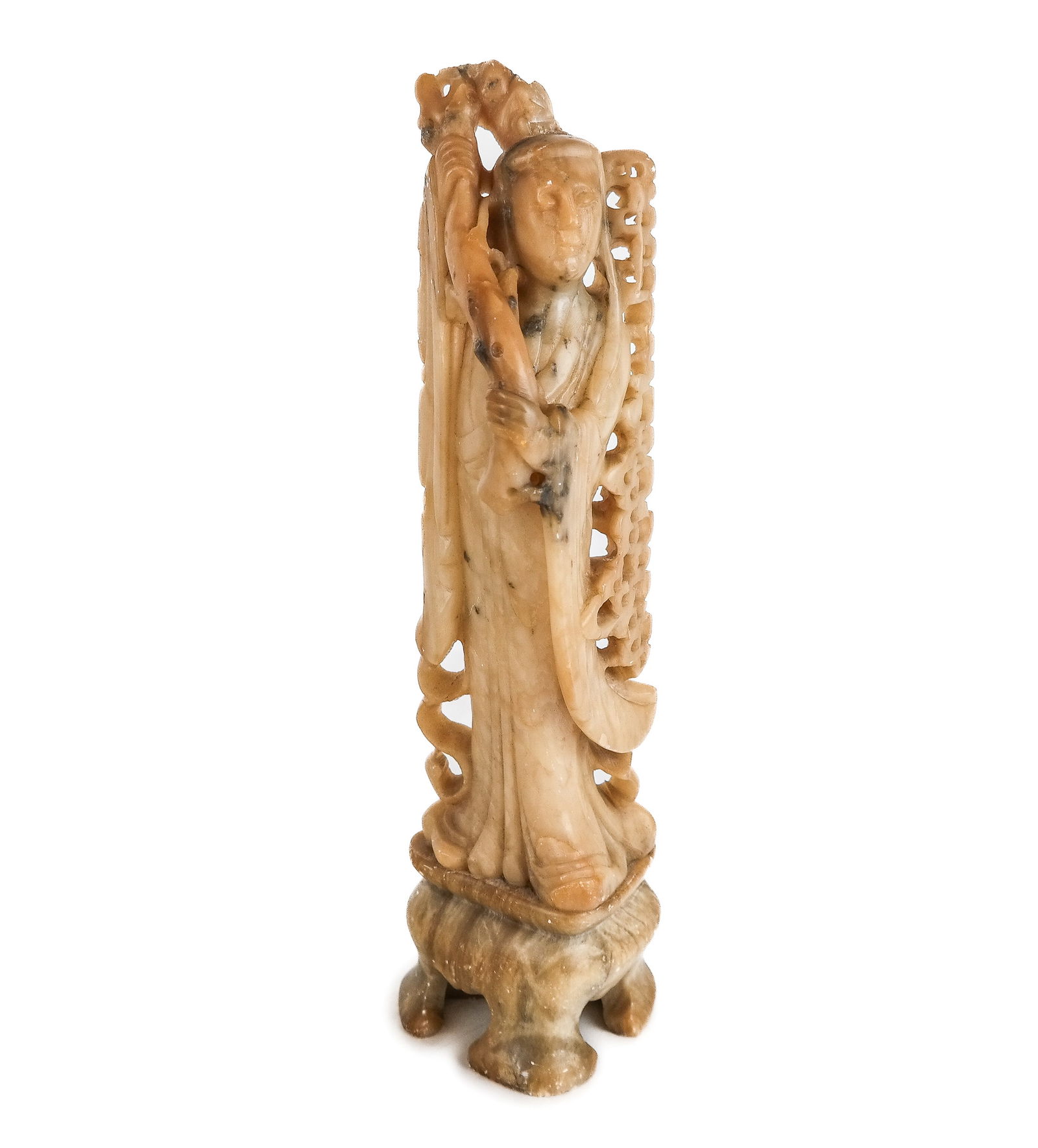 Chinese Carved Soapstone Meiren Figure: Chinese carved soapstone figural meiren, early 20th century, depicting a woman holding a lotus flower on an attached carved base. [12.5" H x 3.5" W x 2.5" D]. Overall condition is good with minor wear