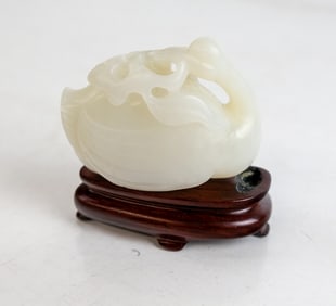 Chinese White Jade Carved Swan on Stand