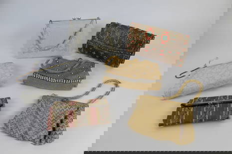 Group of 6 Vintage 1960's Purses: Group of 5 vintage purses, circa 1960's, hand beaded and made in France, including: Davids 5th Avenue, Saks 5th Avenue, and two new with tags. Together with one modern brocade Oscar de la Renta with f