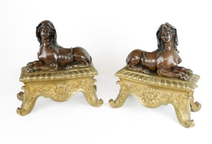 Pair of Louis XV Bronze Sphinx Chenets