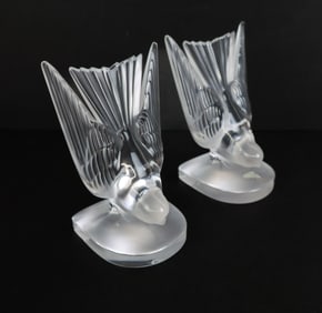 Lalique Crystal Sparrow Bookends, Pair