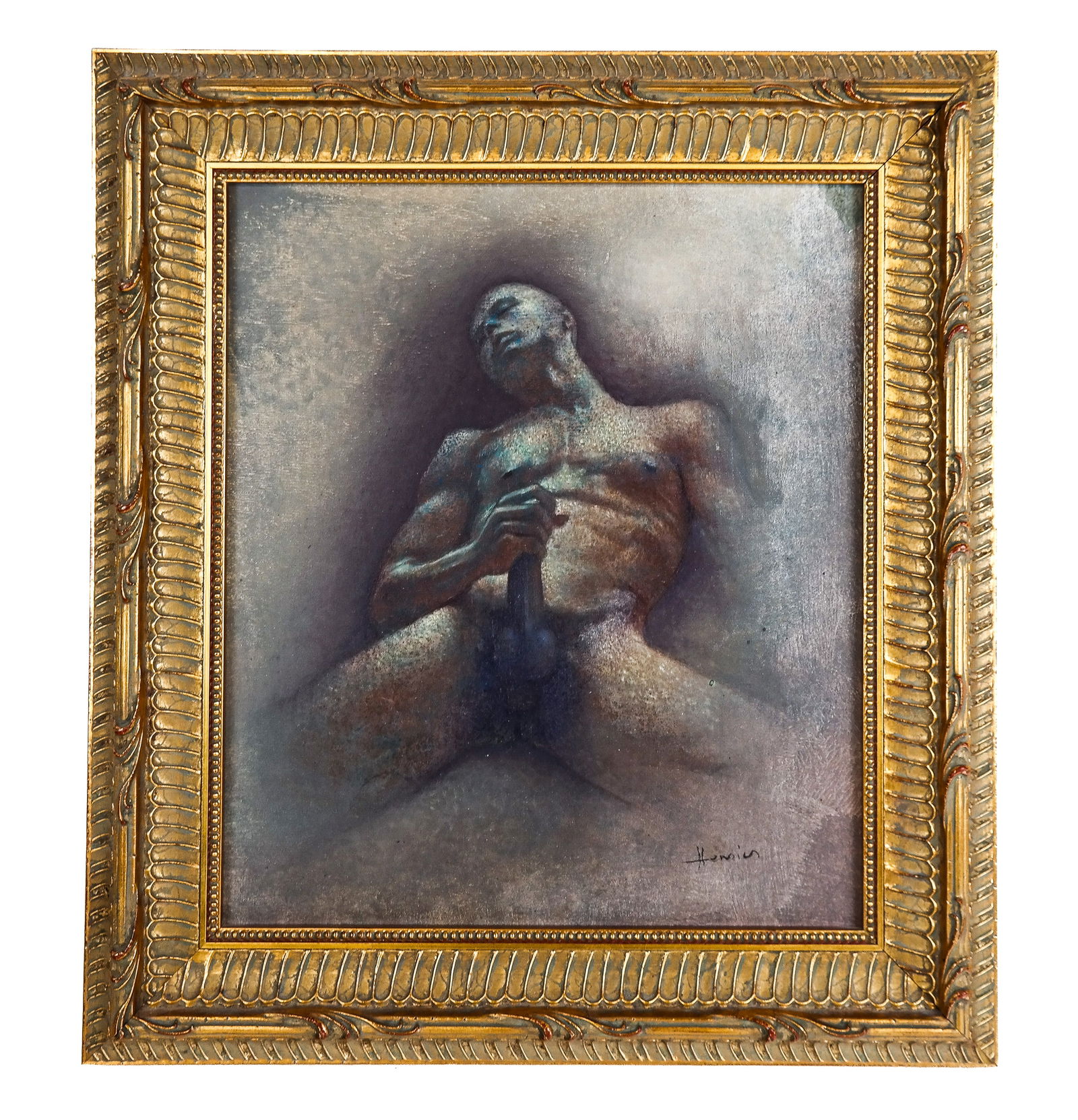 Michel HENRICOT: "Erotique" - Oil Painting: Michel Henricot (French, 1936-2022) oil on board painting of a reclining nude male, titled "Erotique", signed lower right, titled on verso. [Art: 10" H x 9" W; Frame: 14" H x 13" W]. Overall condition