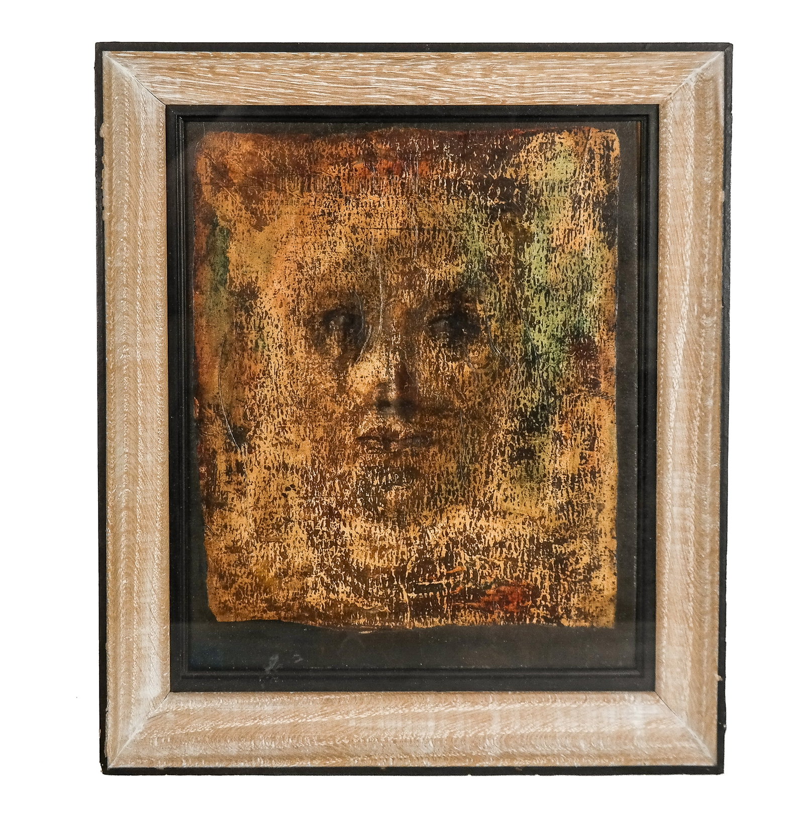 Stanislao LEPRI: "Linceul" - Mixed Media: Stanislao Lepri (Italian, 1905-1980) study of a face in mixed media on paper on panel, titled "Linceul", in a shadowbox frame, bearing label verso for The Trafford Gallery, London. [Art: 10" H x 8" W;