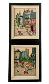 Signed "AMOROSO": Two Mixed Media City Scenes