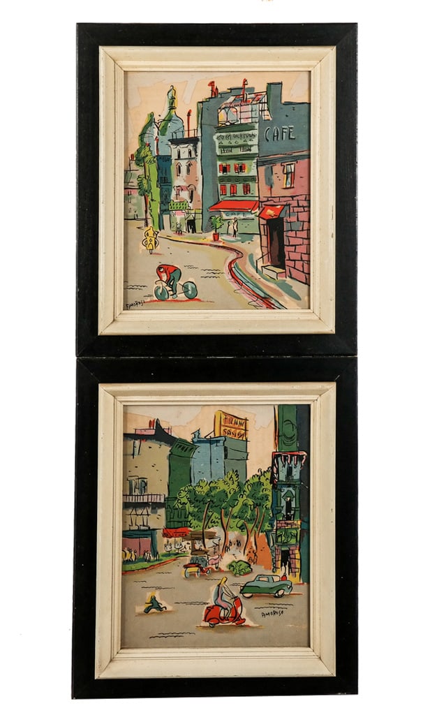Signed "AMOROSO": Two Mixed Media City Scenes (1 of 16)