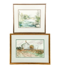 Two Watercolor Paintings - Bridge, Farm