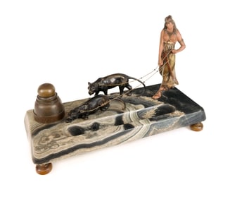 Art Deco Figural Bronze and Onyx Inkwell
