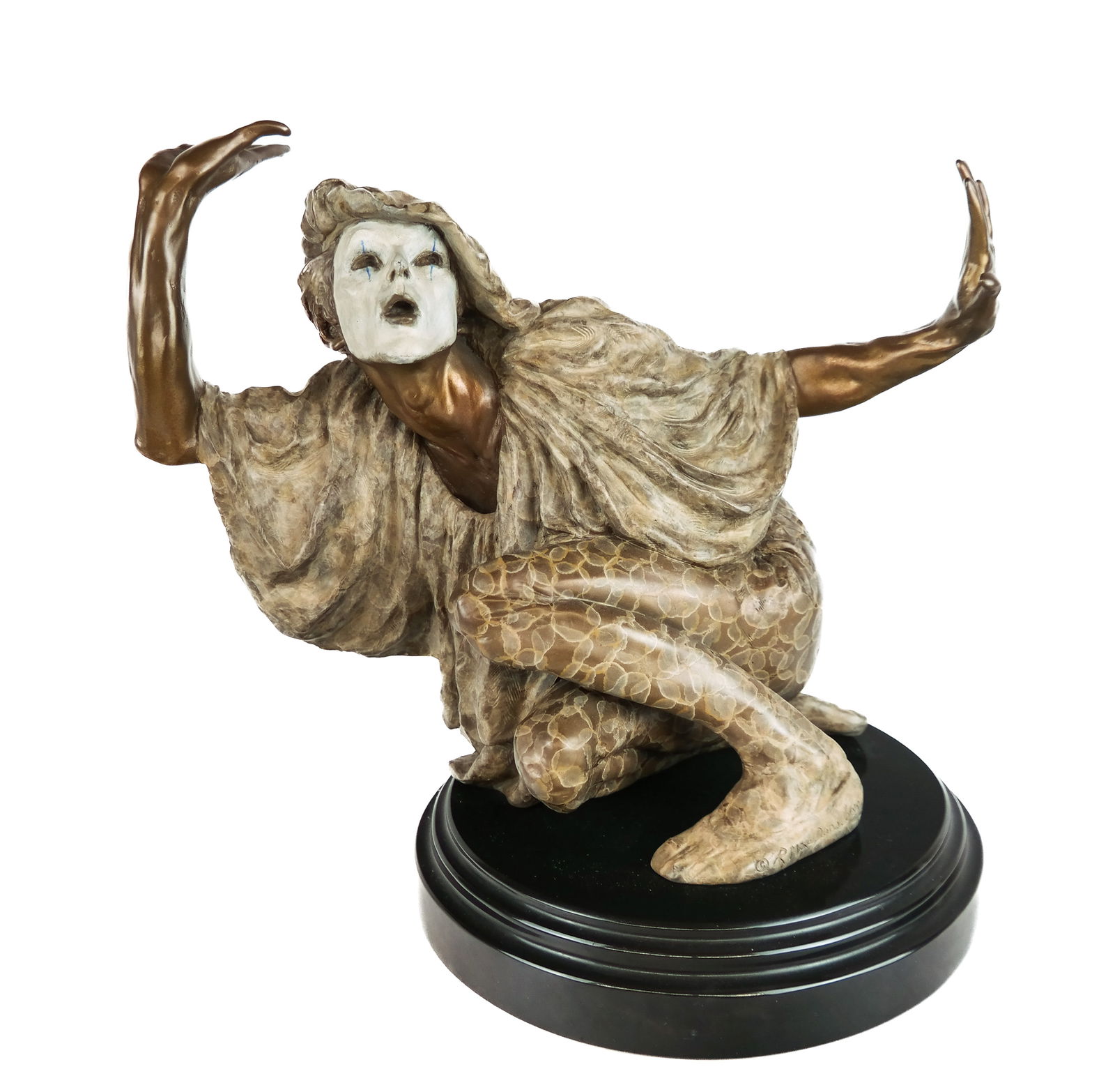 Richard MACDONALD "Jaques in the Box" Bronze: Richard MacDonald (American b. 1946) cold painted bronze sculpture, 1988, on a marble base, signed R. MacDonald to lower front and editioned 8/40. [12.5" H x 15" W x 10" D]. Overall condition is good.