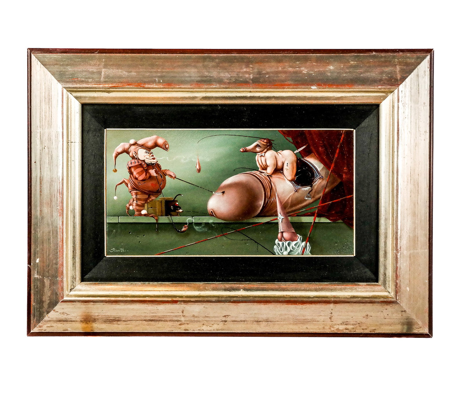 Hans KANTERS Erotic Scene, Oil on Panel: Hans Kanters (Dutch, b. 1947) oil on panel in a frame depicting a figural and erotic scene, signed Kanters to lower left. [Sight: 5" H x 10.25" W; frame: 12.5" H x 17" W]. Overall condition is good. F