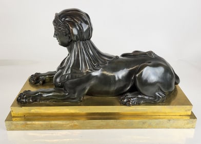 Egyptian Revival Patinated Bronze Sphinx on Base