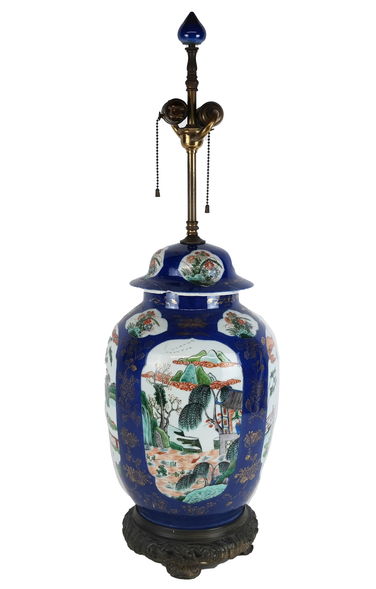 Chinese Porcelain Temple Urn Mounted as a Lamp: Chinese porcelain cobalt blue and gilt decorated temple urn on metal foot, with cartouche-form vignettes of figural landscapes, 20th century. [19" Height to of lip]. Overall condition is good.
