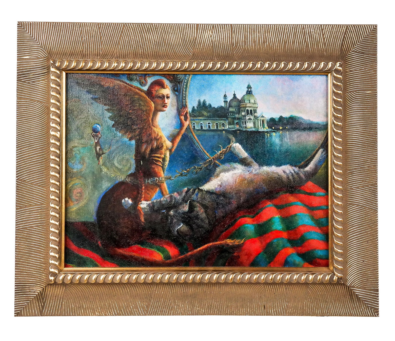 JoEllen TRILLING: "Your Fortune Here" Painting: JoEllen Trilling (American, 20th C.) oil on canvas depicting a surreal study with a sphinx and cat by a window and river. [Art: 11" H x 15" W; Frame:| 17" H x 21" W]. Overall condition is good. From t