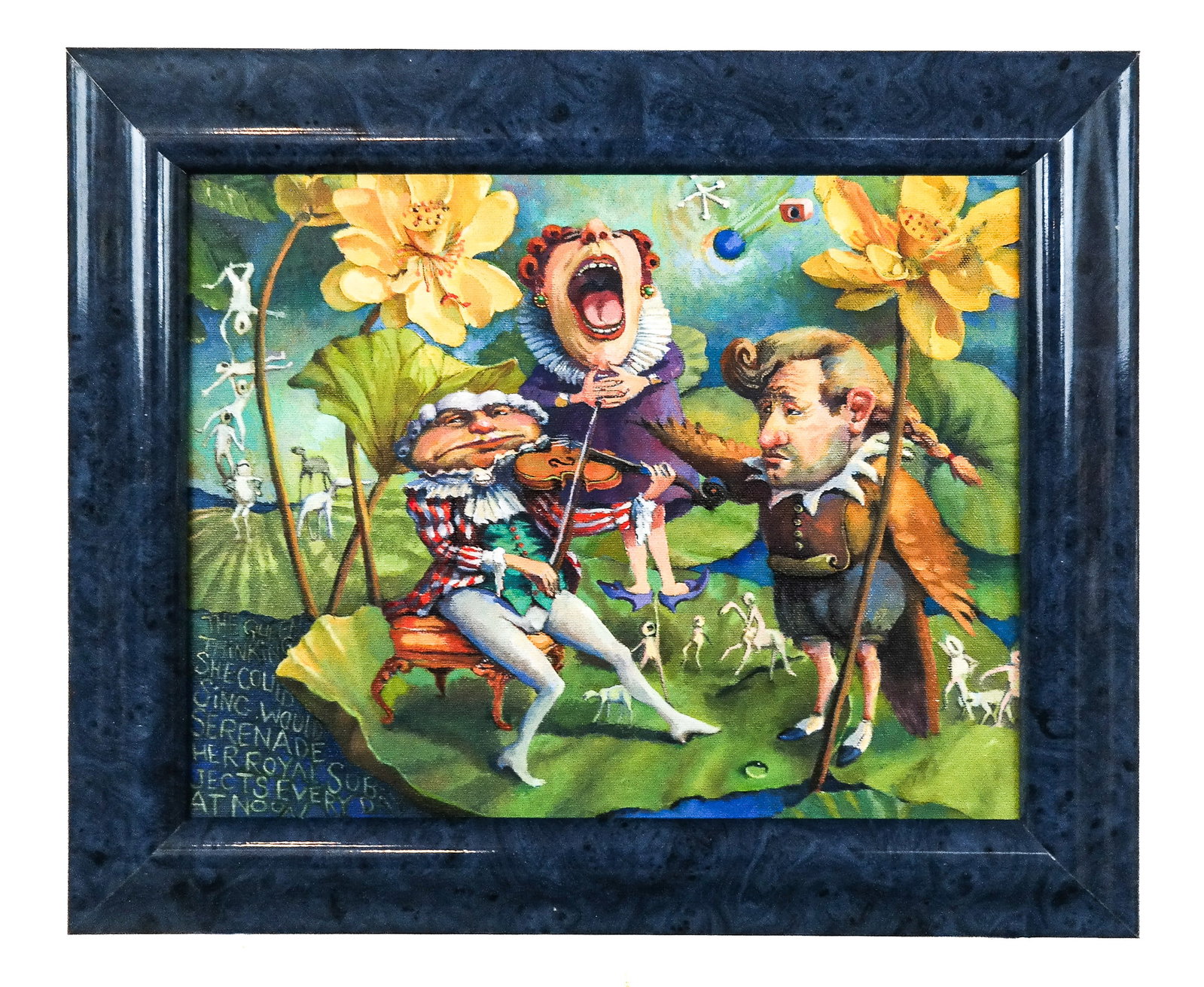 JoEllen TRILLING: "The Queen Thinking" Painting: JoEllen Trilling (American, 20th C.) oil on canvas depicting surreal (musical) figures in a park setting with ghost-like figures around. [Art: 10.5" H x 13" W; Frame: 15" H x 18" W]. Overall condition