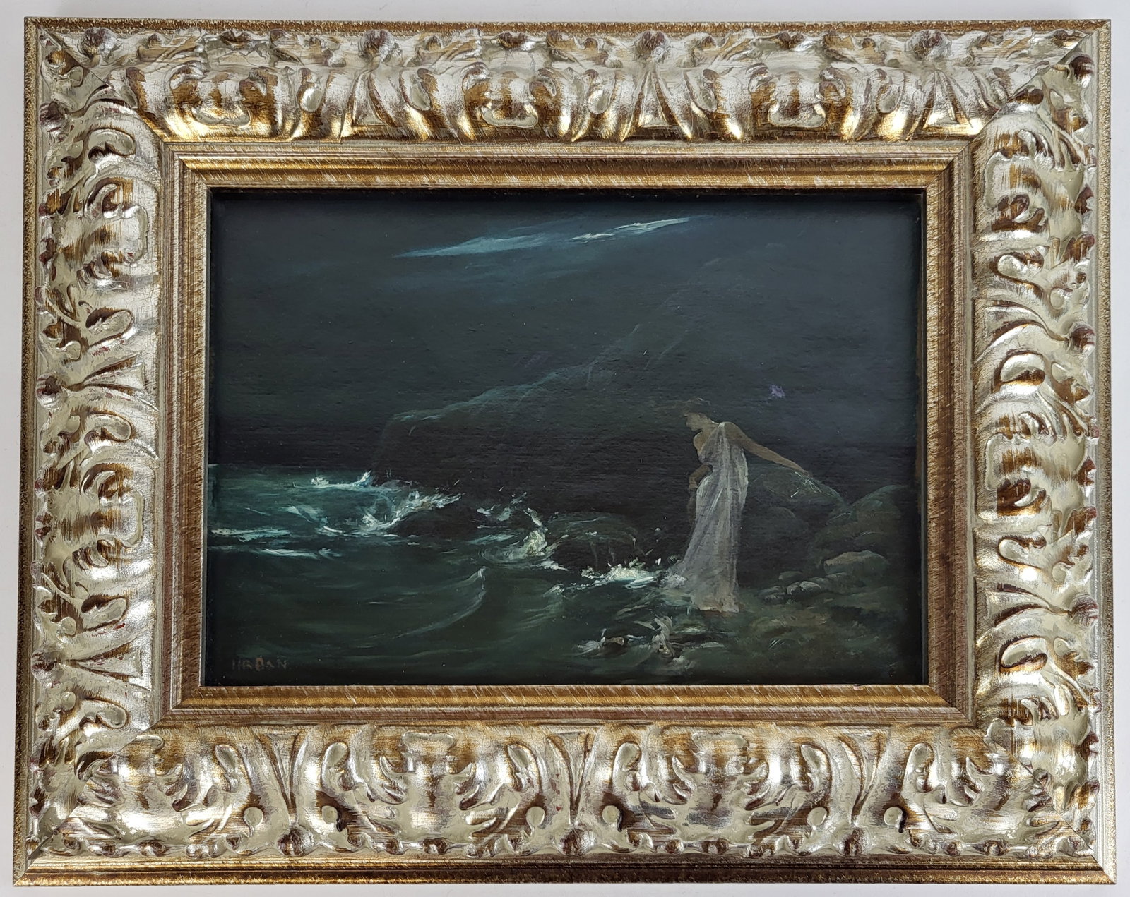 Signed URBAN: Woman By Seashore - Oil Painting: Dark study of a woman in a sheer dress by a rough seashore, in oil on canvas, signed "Urban" lower left. [Art: 8.5" H x 12" W; Frame: 16" H x 19" W]. Appears to be restored (not removed from frame). F