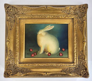 Signed HARRIS: Rabbit With Strawberries - Oil Painting
