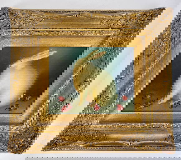 Signed Harris: Rabbit With Strawberries Oil Painting