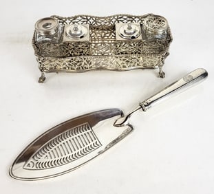 English Silver Ink Stand And Cake Server