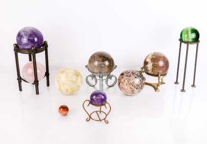 Collection of 9 Gemstone Spheres and 5 Stands