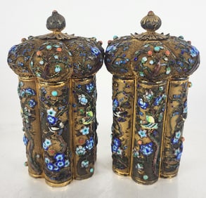 Pair of Gilt Silver, Enamel & Gem-Set Tea Caddies