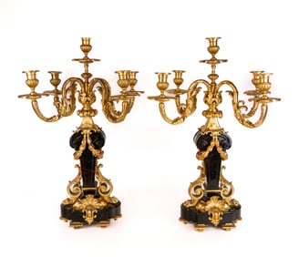 Pair Louis XV Bronze Dore and Marble Candelabras