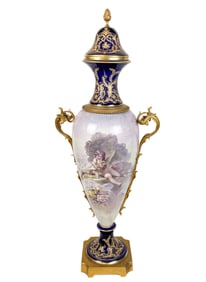Sevres Style Palatial Cobalt and Dore Mounted Urn