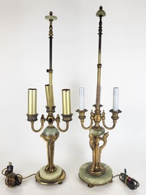 Two Gilt Brass and Onyx Candlestick Lamps