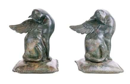After Pierre Chenet Bronze Winged Cat Bookends, 2