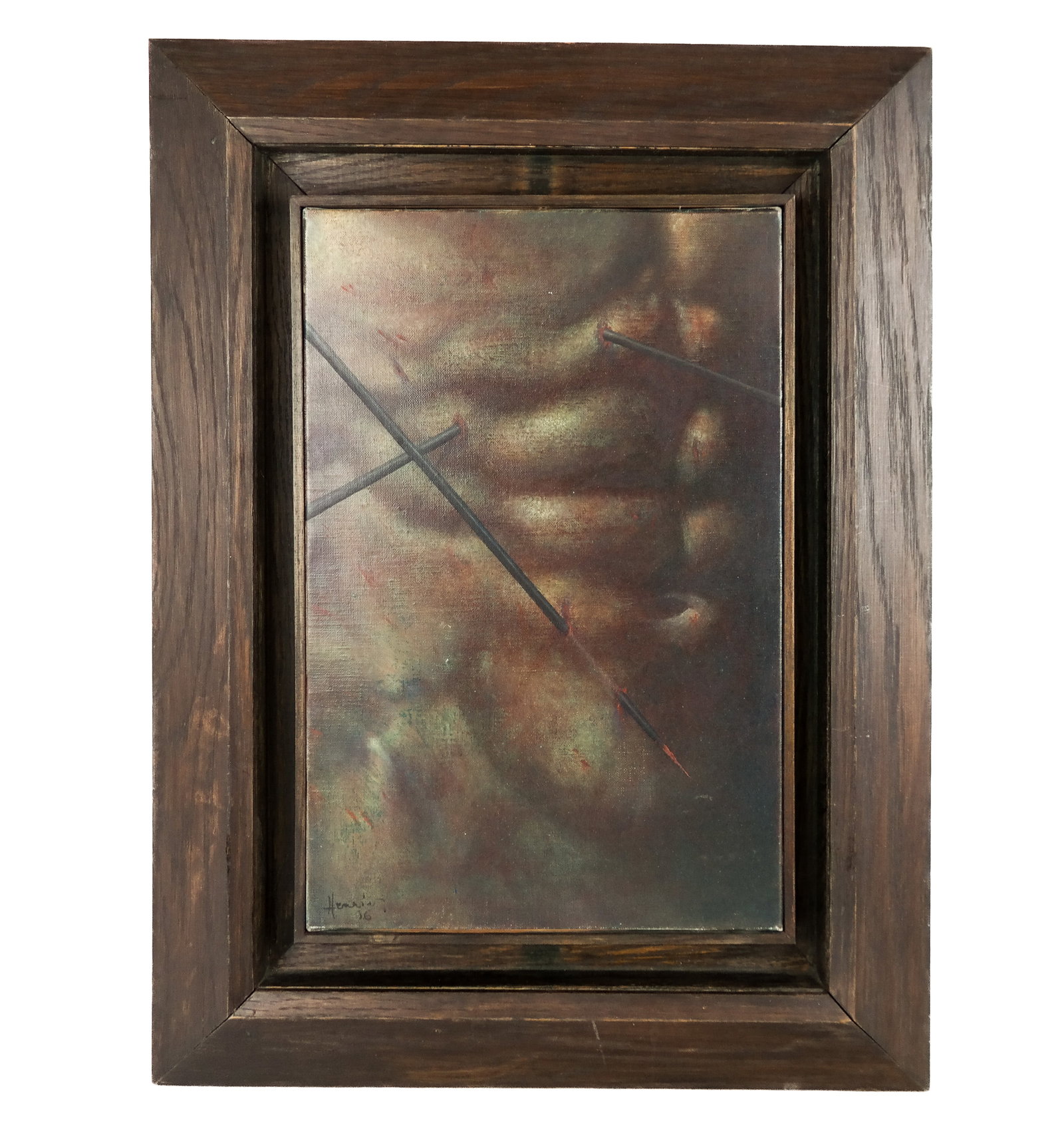 Michel HENRICOT "St. Sebastian" Oil on Canvas: Michel Henricot (French, 1936-2022) "Saint Sebastian" 1996, oil on canvas of a torso penetrated by arrows, signed Henricot and dated to lower left, with the title added later on verso. [Work: 13.25" H