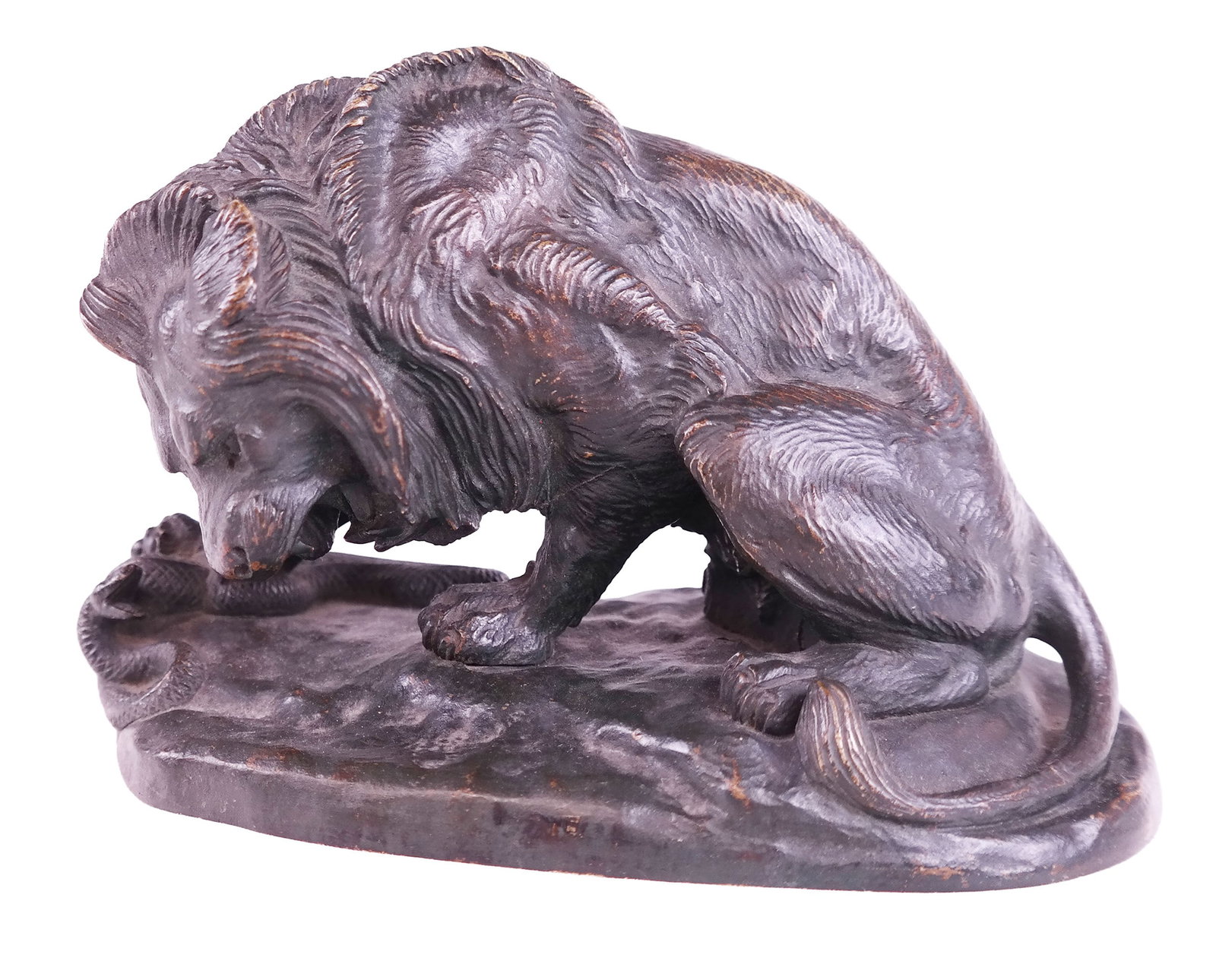 Antoine-Louis Barye "Lion au Serpent" Bronze: Antoine-Louis Barye (French, 1795-1875) "Lion au Serpent" diminutive bronze sculpture with a lion treading on a snake. [4.5" H x 7" W x 3.5" D]. Overall condition is good. From the esteemed collection