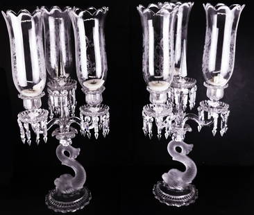 Pair Baccarat Three Light Dolphin Candelabras