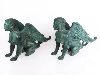 Pair of Patinated Bronze Sphinxes