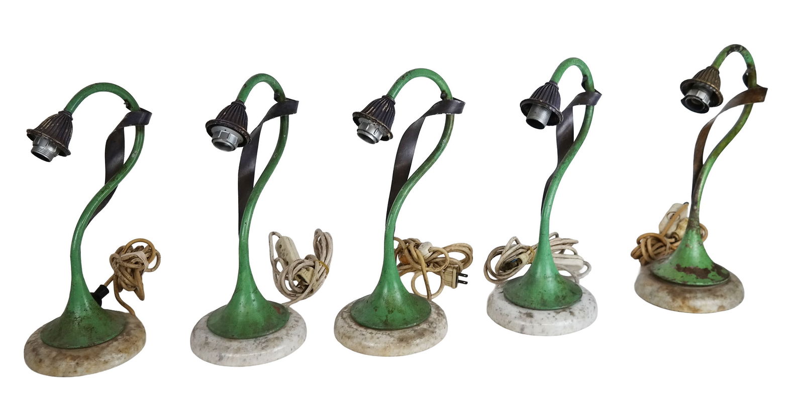Painted Metal and Marble Foliate Lamps, 5: Five foliate form painted metal and marble lamps, mid-20th century, with two tone metal to upper, on a white marble bae. [14" H x 5.5" W x 9" D]. Overall condition is fair with wear to each commensura
