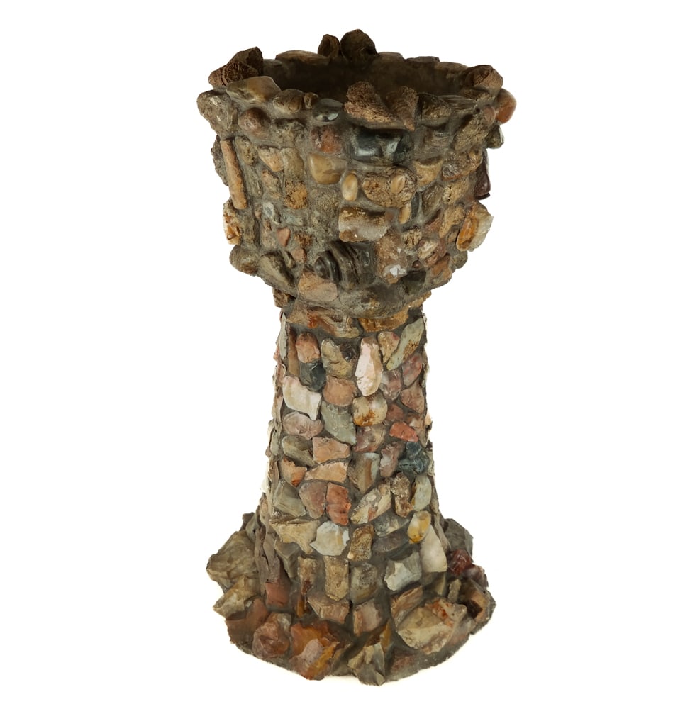 Folk Art Stone Mosaic Jardiniere: Folk art mosaic stone jardiniere on stand, circa late 20th century, with a variety of stones including geodes and salvaged coral. [26" H x 14" Diameter]. Overall condition is good.