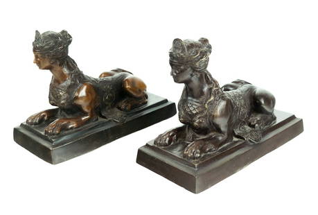 Pair of Patinated Bronze Sphinxes