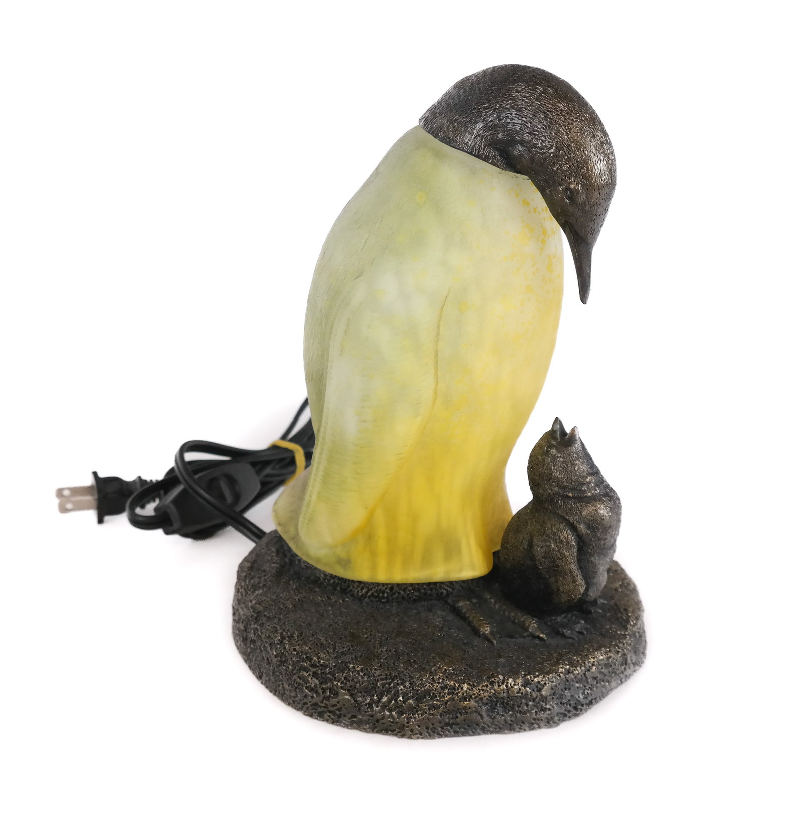 Art Deco Penguin-Form Table Lamp: Art Deco-style lamp having an art glass body and a penguin head with a chick at the base. [8.5" H x 6.5" Diameter (base)]. Penguin head detached, but repairable. From the distinguished collection of N