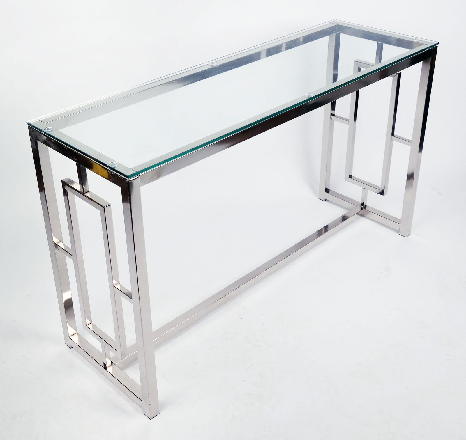 Contemporary Glass & Chrome-Style Console: Contemporary geometric nickel finish console with a glass top, 21st century. [28" H x 48.5" W x 16" D (including glass top)]. Loose frame, otherwise in overall good condition.
