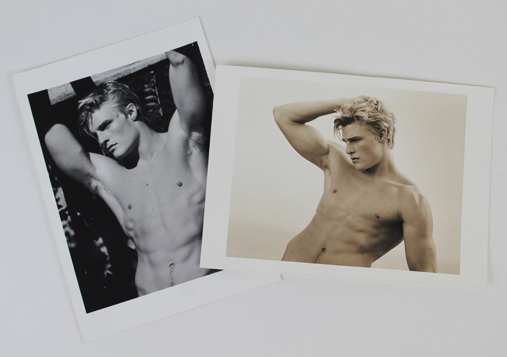 Bruce WEBER: 2 Signed Partial Nude Portrait Prints: Bruce Weber (American, b. 1946) a collection of two unframed prints, including: one silver gelatin print and one sepia print depicting partial nude portraits of a male model. Each pencil signed and da