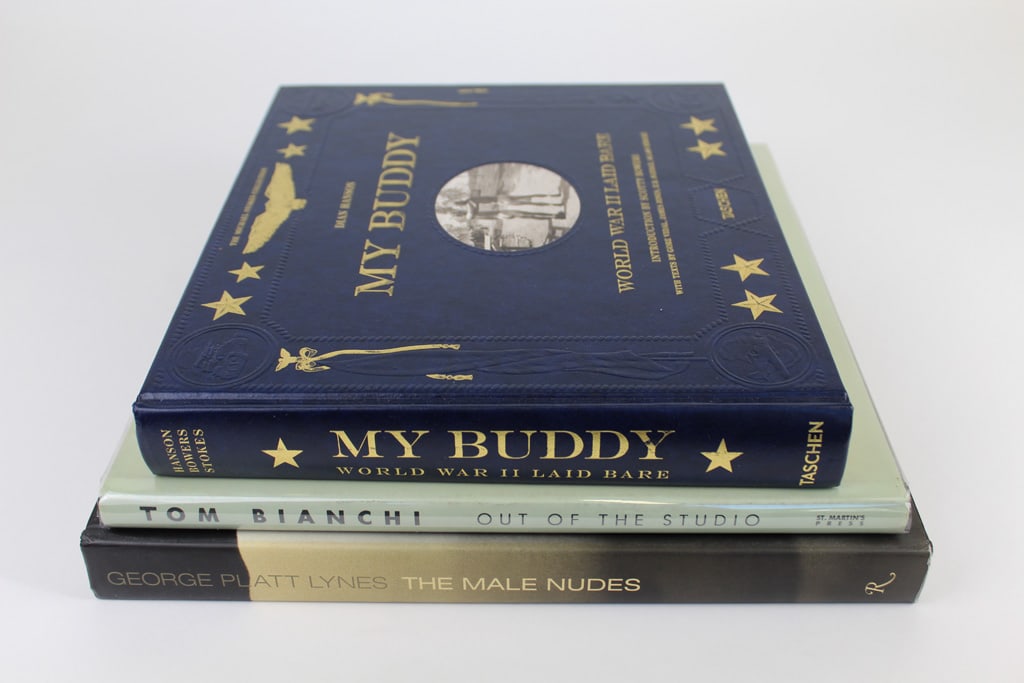 Collection of Male Nude Photography Books (3): Collection of three male nude photography books, titles include: "My Buddy: World War II Laid Bare" by Dian Hanson; "Out of the Studio" by Tom Bianchi; and "The Male Nudes" by George Platt Lynes. One