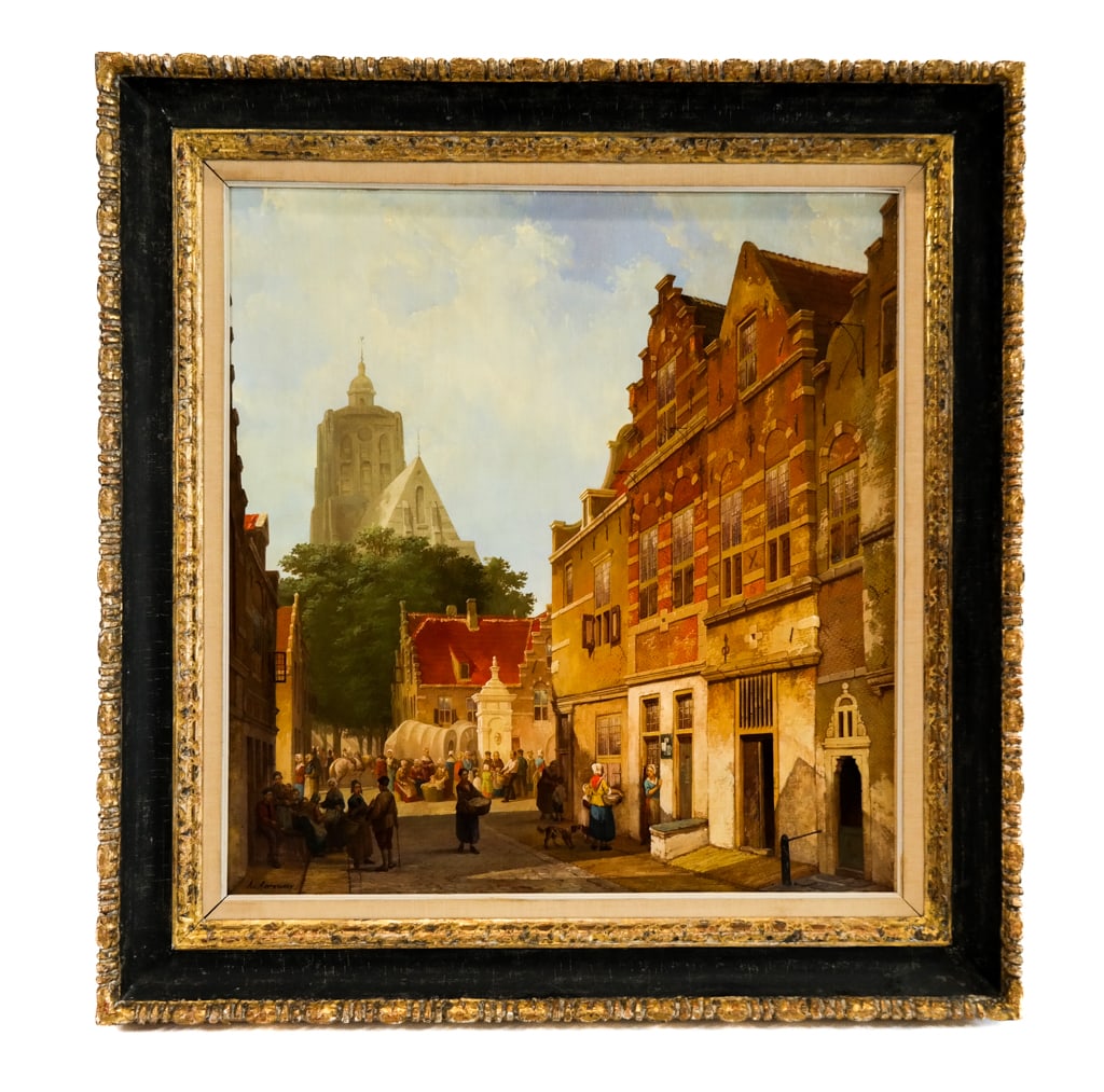 A. RAVENSWAAY: Dutch Street Scene - Oil on Panel: Adriana Van Ravenswaay (Dutch, 1816-1872) oil on panel depicting a bustling street scene with figures and trees, signed lower left "A.v. Ravenswaay". [Art: 28.5" H x 27" W; Frame: 38.5" H x 37" W]. Ov